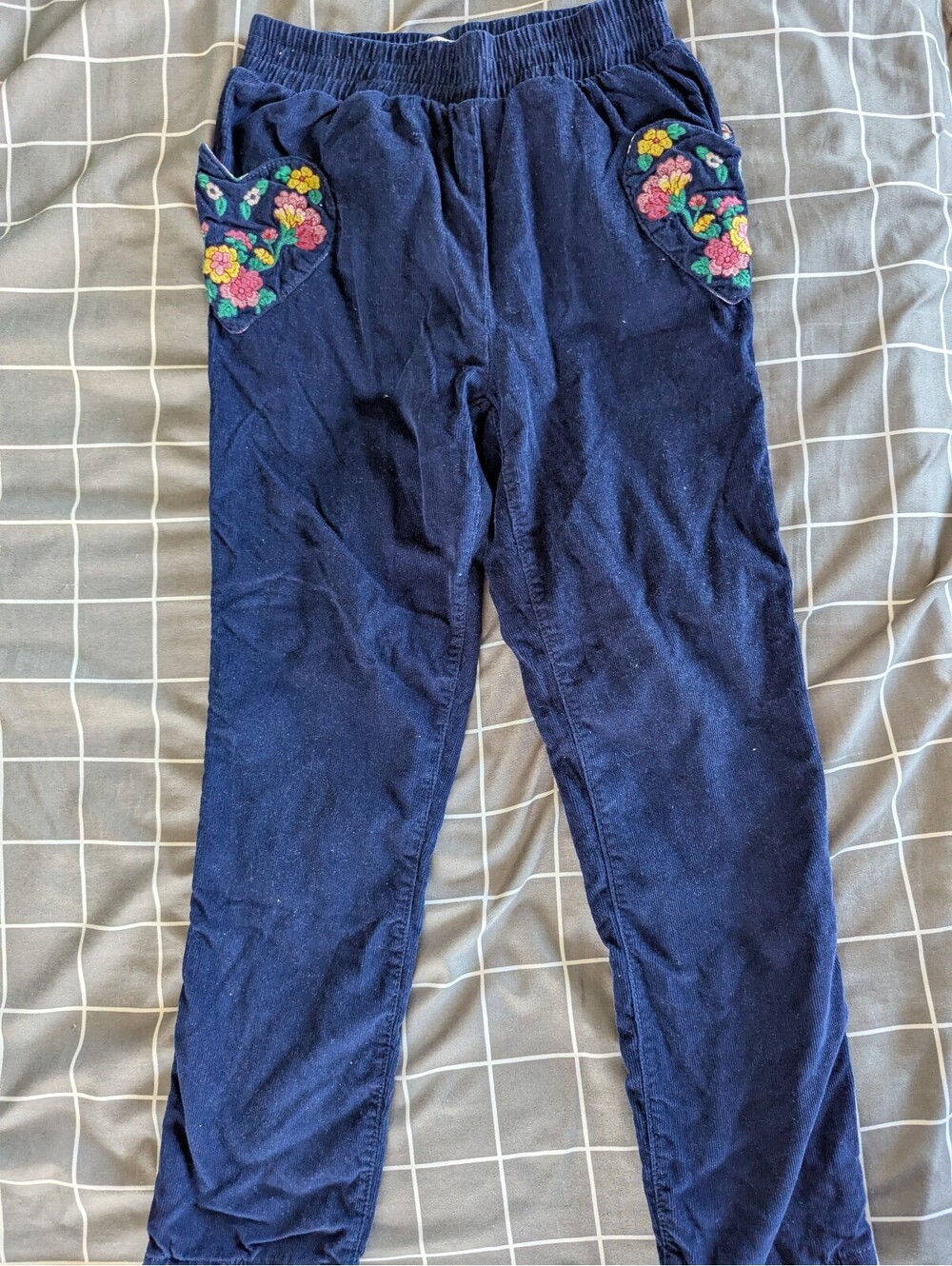 Boden Jersey lined cord pants with embroidered flowers